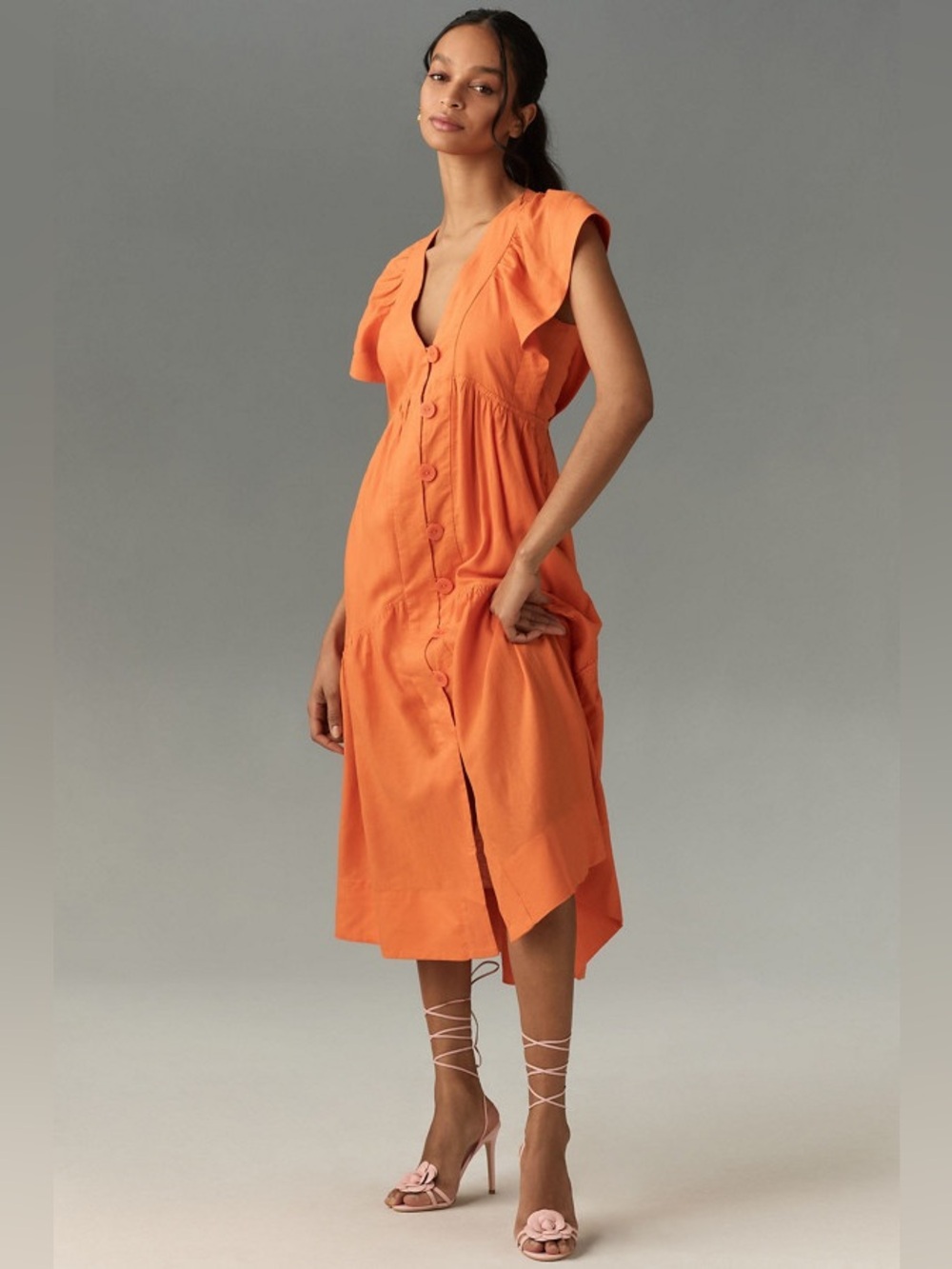 Anthropologie | Reneé Flutter-Sleeve Linen Button-Front Midi Dress, XXS
